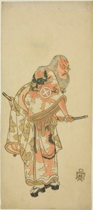 الممثل Otani Hiroemon III بدور Hige no Ikyu في مشهد "Sukeroku" في مسرحية "Hitokidori Harutsuge Soga" بواسطة كاتسوكاوا شونشو