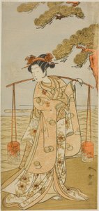 الممثل Segawa Kitsuji III في دور Murasame في مسرحية Gohiiki Kanjincho ، تم أداؤه في مسرح Nakamura في الشهر الحادي عشر ، 1773 بواسطة كاتسوكاوا شونشو