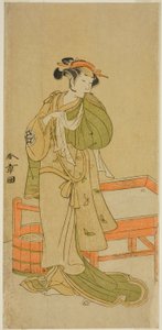 الممثل Yamashita Kinsaku II في دور Moshio في مسرحية Izu-goyomi Shibai no Ganjitsu ، تم أداؤه في مسرح موريتا في الشهر الحادي عشر ، 1772 بواسطة كاتسوكاوا شونشو
