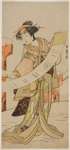 الممثل Yamashita Kinsaku II بدور Naoe في مسرحية Tsuma Mukae Koshiji no Fumizuki ، تم عرضه في مسرح ناكامورا في الشهر الثامن ، 1780 بواسطة كاتسوكاوا شونشو