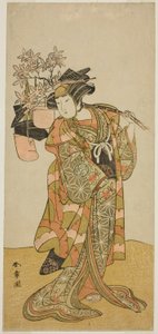 الممثل Yamashita Kinsaku II في دور Odai ، بائع إبوشي (قبعة) ، في مسرحية Hana-zumo Genji Hiiki ، تم عرضه في مسرح ناكامورا في الشهر الحادي عشر ، 1775 بواسطة كاتسوكاوا شونشو