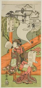 Yamashita Kinsaku II بدور Oishi (؟) أو Osono (؟) في مسرحية Kanadehon Chushingura (؟) ، تم أداؤها في مسرح ناكامورا في الشهر الخامس ، 1771 (؟) بواسطة كاتسوكاوا شونشو