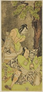 الممثلان Ichikawa Danzo III مثل I no Hayata Tadazumi (يمين) ، وماتسوموتو كوشيرو الثاني في دور Osada no Taro Kagemune (على اليسار) ، في مسرحية Nue no Mori Ichiyo no Mato ، تم أداؤها في مسرح ناكامورا في الشهر الحادي عشر ، 1770 بواسطة كاتسوكاوا شونشو