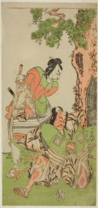 الممثلان Ichikawa Danzo III بدور I no Hayata Tadazumi (يمين) ، وماتسوموتو كوشيرو الثاني في دور Osada no Taro Kagemune متنكراً في زي Yatsurugi Zaemon (يسار) ، في مسرحية Nue no Mori Ichiyo no Mato ، تم عرضها في مسرح ناكامورا في الشهر الحادي عشر ، 1770 بواسطة كاتسوكاوا شونشو
