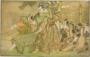 الممثلون Ichikawa Komazo II في دور Minamoto no Yorimasa (على اليمين) ، وماتسوموتو كوشيرو الثاني في دور Osada no Taro Kagemune متنكراً في زي Yatsurugi Zaemon (وسط) ، و Ichikawa Danzo III as I no Hayata Tadazumi (يسار) ، في Play Nue no Mori Ichediyo a Mato ، بواسطة كاتسوكاوا شونشو
