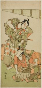 الممثلان Ichikawa Yaozo II بدور Konoshita Hyokichi (؟) (يمين) ، و Sakata Hangoro II في دور Matsunaga Daizen Hisahide (؟) (يسار) ، في مسرحية Gion Sairei Shinko Ki (؟) ، Perfomred في مسرح Ichimura (؟) في الشهر الخامس 1775 (؟) بواسطة كاتسوكاوا شونشو