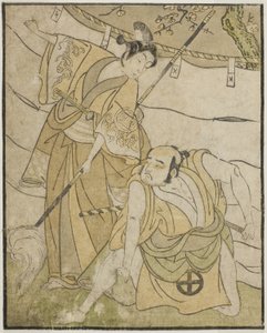 الممثلان Otani Tomoemon I في دور Emohei (على اليمين) ، و Sanogawa Ichimatsu II في دور Sanada Yoichi (على اليسار) ، في مسرحية Myoto-giku Izu no Kisewata ، تم عرضها في مسرح Ichimura في الشهر الحادي عشر ، 1770 بواسطة كاتسوكاوا شونشو
