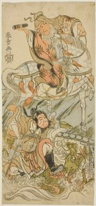 الممثل Sawamura Sojuro II في دور Sage Huangshi Gong الصيني (على ظهور الخيل) ، و Ichikawa Danzo III في دور المحارب الصيني Zhang Liang (مُركبًا على تنين) ، في خاتمة مسرحية Otokoyama Yunzei Kurabe (في جبل أوتوكو ، تجربة القوة في الرسم بواسطة كاتسوكاوا شونشو