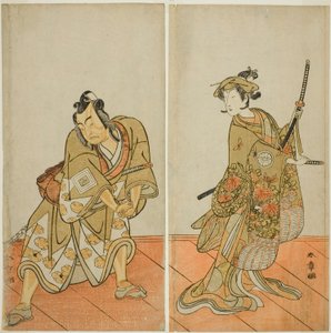The Actors Segawa Kikunojo III as Aigo no Waka (right), and Ichikawa Yaozo II as Hachio-maru Aratora (left), in the Play Chigo Sakura Jusan Kane, Performed at the Ichimura Theater in the Eleventh Month, 1774 بواسطة كاتسوكاوا شونشو