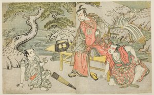 الممثلون Tomizawa Hanzaburo II بدور Nagoya Sanzaemon (غالبًا ما يُطلق عليهم Sanza) (يمينًا) ، Nakamura Juzo II في دور Fuwa Banzaemon (في الوسط) ، وممثل غير معروف مثل Pickpocket Matsumoto Daishichi (يسار) ، في مسرحية Fuki Kaete Tsukimo Yoshiwara ، تم عرضها  بواسطة كاتسوكاوا شونشو