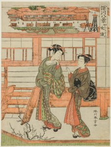Yagurashita no Bansho (جرس المساء في Yagurashita) ، المحظية ومرافقتها في منطقة Yagurashita غير المرخصة في Fukagawa ، من سلسلة "Fukagawa Hakkei (Eights Views of Fukagawa)" بواسطة كاتسوكاوا شونشو