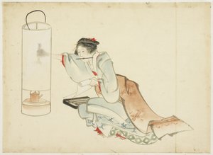 سيدة تضبط المصباح ، حوالي 1815-1849 (حبر ولون على ورق) بواسطة كاتسوشيكا (مدرسة) هوكوساي