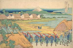 رؤية فوجي في المسافة من حي سينجو بليجر سينجو كاغاي يوري تشوبو نو فو ... ، حوالي 1830-1832. بواسطة كاتسوشيكا هوكوساي