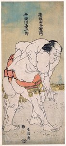 Les lutteurs sumo Takaneyama Yoichiemon و Sendagawa Kichigoro - مصارعو السومو Takaneyama Yoichiemon و Sendagawa Kichigoro par Hokusai ، Katsushika (1760-1849). نقش خشبي ملون ، الحجم: 30،6x12،9 ، 1792 ، مجموعة خاصة بواسطة كاتسوشيكا هوكوساي