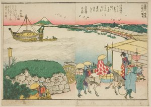 صفحات من الكتاب المصور "مناظر بانورامية على طول ضفاف نهر سوميدا (Ehon Sumidagawa ryogan ichiran)" بواسطة كاتسوشيكا هوكوساي