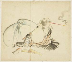 Hotei جالسًا يدخن أنبوبًا ، كاليفورنيا. 1815-1849 (حبر ولون على ورق) بواسطة كاتسوشيكا هوكوساي