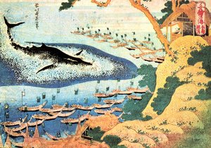 سلسلة من ألف منظر للمحيط: الحوت قبالة جزر جوتو ، اليابان - طباعة كاتسوشيكا هوكوساي (1760-1849) (مدرسة أوكييو إي) 1830-1833 متحف بوشكين للفنون الجميلة ، موسكو بواسطة كاتسوشيكا هوكوساي