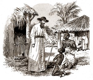 مُبشِّر كاثوليكي في إفريقيا يمارس تغيير دينه على طفل ووالده ، حوالي عام 1900 (نقش)