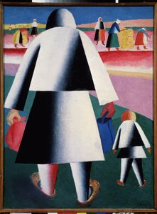 A la recolte (مارثا وفانكا) (إلى الحصاد. مارثا وفانكا). أم وابنتها ، ممثلة من الخلف ، تتجهان نحو مجموعة عازمات على العمل في الحقول. رسم لكاسيمير سيفرينوفيتش ماليفيتش (ماليفيتش ، ماليفيتش) (1878-1935) ، ح بواسطة كازيمير سيفرينوفيتش ماليفيتش