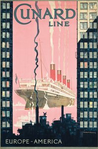 ملصق إعلان عن السفر من أوروبا إلى أمريكا مع شركة الشحن Cunard Line، c. 1925 (طباعة حجرية ملونة)