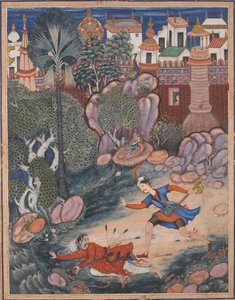 عمر يتجول حول قلعة فولاد ، ويلتقي بجندي مشاة ويركله أرضًا ... ، كاليفورنيا. 1570. بواسطة كيساف داس