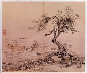 الفن الأساسي: مشهد الحرث. مطبوعات بواسطة Kim Hong-do (Kim Hong Do) أو Danwon (1745-CA 1806) بواسطة كيم هونغ دو.