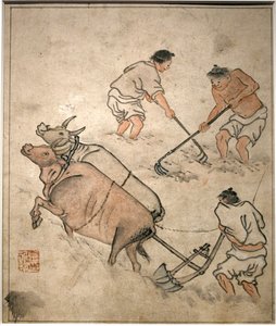 مشهد العمل الزراعي. لوحة لدانون (كيم هونغدو) (1745-1806) ، حبر على ورق ، فن كورين ، فترة جوسون (تشوسون) من القرن الثامن عشر. المتحف الوطني الكوري ، سيول (كوريا الجنوبية). بواسطة كيم هونغ دو.