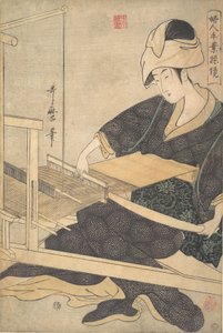 امرأة تنسج ، جالسة على يد تلوح في الأفق ، كاليفورنيا. 1796. بواسطة كيتاجاوا أوتامارو