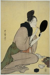 Bijin-ga. فتاة تضع المكياج على شفتيها بواسطة كيتاجاوا أوتامارو