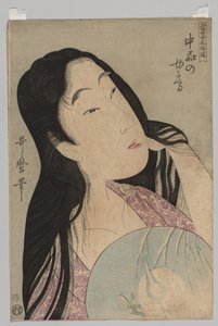 تمثال نصفي لامرأة ذات شعر فضفاض يحمل مروحة ، 1753-1806. بواسطة كيتاجاوا أوتامارو