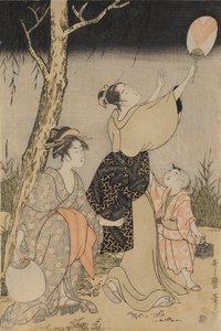 اصطياد اليراعات تحت شجرة صفصاف (يسار) بواسطة كيتاجاوا أوتامارو
