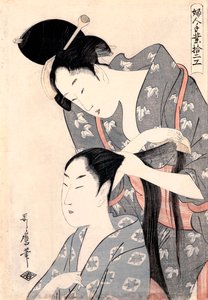 "La Coiffeuse" (مصفف شعر) (Kamiyui) Gravure de Kitagawa Utamaro (1753-1806) - عام 1798 - نقش خشبي ملون - 38x27،6 - معرض الفنون بجنوب أستراليا بواسطة كيتاجاوا أوتامارو