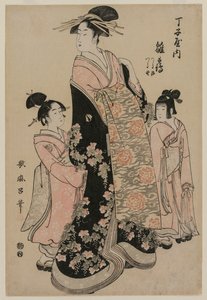 المحظية Hinazuru من Chojiya مع مضيفاتها Tsuruji و Tsuruno ، ج. 1794. بواسطة كيتاجاوا أوتامارو