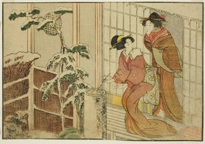 امرأتان في الشرفة في صباح ثلجي ، من الكتاب المصور "كتاب مصور: زهور الفصول الأربعة (Ehon shiki no hana) ،" المجلد. 2 بواسطة كيتاجاوا أوتامارو
