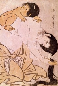 Yamauba and Kintoki الأم تمشط شعرها وهي تحمل طفلها على ظهرها. طباعة يابانية بواسطة أوتامارو كيتاجاوا (1753-1806). القرن ال 18. باريس ، متحف Guimet ، متحف الفنون الآسيوية