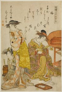 The Courtesan Hitomoto of the Daimonjiya ، من ألبوم "Comparing New Beauties of the Yoshiwara - A Mirror of their Own Writings (Keisei shin bijin awase jikihitsu kagami)"