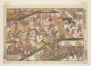 الهجوم الليلي من مخزن الولاء ، وجهات نظر جديدة (Uki-e Kanadehon Chushingura youchi no zu) (طباعة خشبية ملونة) بواسطة Kitao Shigemasa