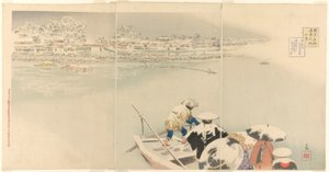 الشهر الثاني: Matsuchi Hills in the Snow at Dusk (Kisaragi، Matsuchiyama yuki no tasogare) ، من سلسلة مناظر حقيقية للأماكن الشهيرة في طوكيو (Tokyo meisho shinkei no uchi) بواسطة كيوشيكا كوباياشي