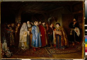 زفاف بويار (بويار ، بويار) في القرن السادس عشر ، العروس ترتدي kokochnik (زفاف Boyar) - زيت على قماش من Klavdi Vasilyevich Lebedev (1852-1916)