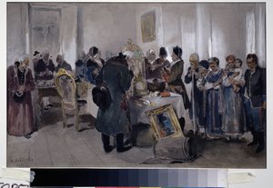 مزاد بيع الأقنان. من بين الأشياء المختلفة (السجاد ، قفص العصافير ، اللوحات ، الكتب والحلي) ، يتم عرض عائلة من الفلاحين للبيع. النبلاء وملاك الأراضي يتجولون ويراقبون ، محاطين