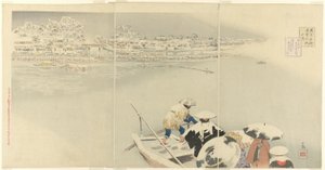 الشهر الثاني: Matsuchi Hill in Snow at Dusk (Kisaragi، Matsuchiyama yuki no tasogare) ، من سلسلة "مناظر حقيقية للأماكن الشهيرة في طوكيو (Tokyo meisho shinkei no uchi)" بواسطة كوباياشي كيوتشيكا