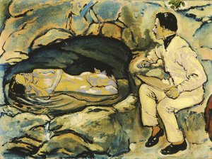 صورة ذاتية ، رسم مع حورية البحر في مغارة الصخرة ، 1914. بواسطة كلومان موسر