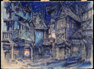 تصميم المسرح لباليه إزميرالدا من تأليف أنطون سيمون (1851-1916) (تصميم المسرح لرقصة الباليه إزمارالدا من تأليف إيه سيمون). عمل قسطنطين أليكسييفيتش كوروفين (كونستانتين كوروفين) (1861-1939) ، تمبرا على ورق مقوى بواسطة كونستانتين ألكسيفيتش كوروفين