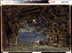 تم وضع تصميم لأوبرا Twilight of the Gods بواسطة Richard Wagner. (تصميم المسرح لأوبرا شفق الآلهة بقلم ر.فاغنر). عمل قسطنطين أليكسييفيتش كوروفين (كونستانتين كوروفين) (1861-1939) ، تمبرا على ورق مقوى بواسطة كونستانتين ألكسيفيتش كوروفين