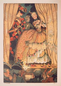 رسم توضيحي لـ "Le Livre de la Marquise" لـ Franz Blei (رسم توضيحي لكتاب Marquise بقلم Franz Blei) (مركيز يرفع ستارة المسرح ، مع Harlequin بجانبها) - عمل قسطنطين (Constantin) Andreyevich Somov (1869-1919 بواسطة كونستانتين أندرييفيتش سوموف