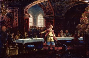 الكونت مايكل ريبنين (؟) في عيد إيفان الرهيب (1530-1584). (الكونت ميخائيل ريبنين في إيفان العيد الرهيب). ريبنين ، الذي يقف في وسط الطاولات المحددة ، يستنكر سياسة القيصر. لوحة لكونستانتين يغوروفيتش ماكوفسكي (كونستانتين ماك بواسطة كونستانتين إيجوروفيتش ماكوفسكي