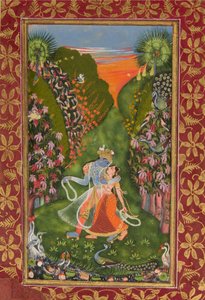 رادها وكريشنا يمشيان في وجه بستان مزهر ، ظهر كريشنا فلوتنج ، c1720 r ، c1750-75 v بواسطة كوتا ماستر