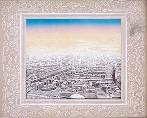 منظر جوي للندن محاط بإطار مزخرف ، c1845