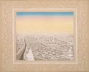 منظر جوي للندن محاط بإطار مزخرف ، c1845