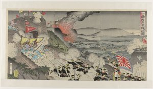 معارك ضارية في محافظة موكدين بمنشوريا Shinkoku Hôtenfu gekisen no zu (العنوان على الكائن) بواسطة فوكودا كوماجيرو
